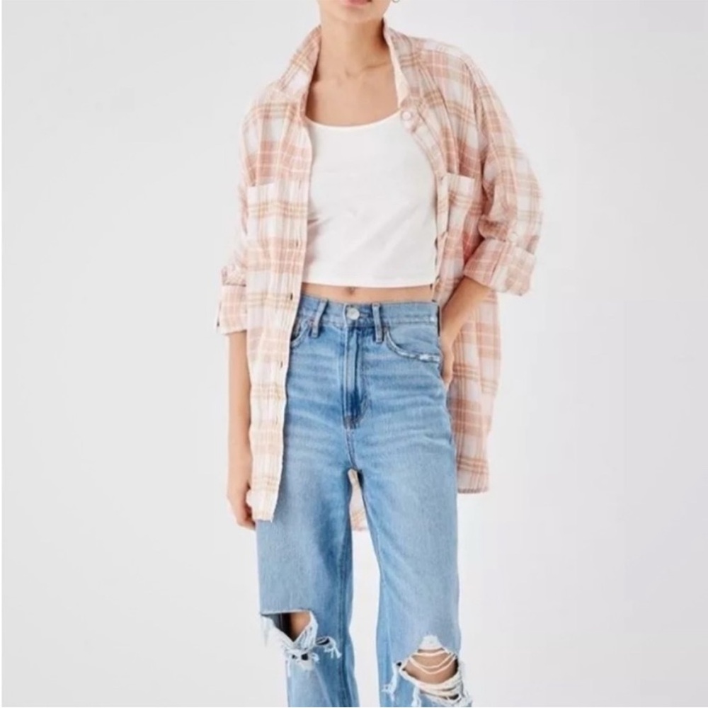 AEO RELAXED OVERSIZED POWDER PINK LINEN BLEND PLAID BUTTON FRONT TOP LARGE